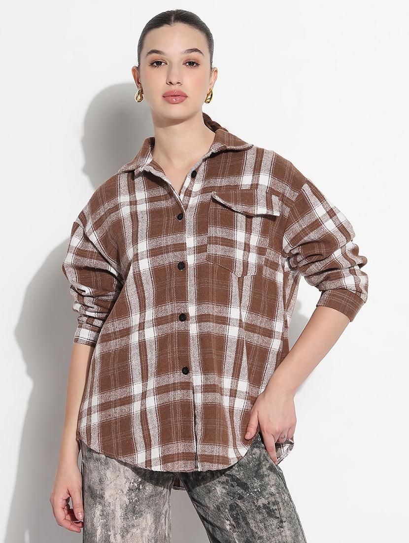 women checkered long sleeve collared oversized shirt - 21979945 - Standard Image - 1