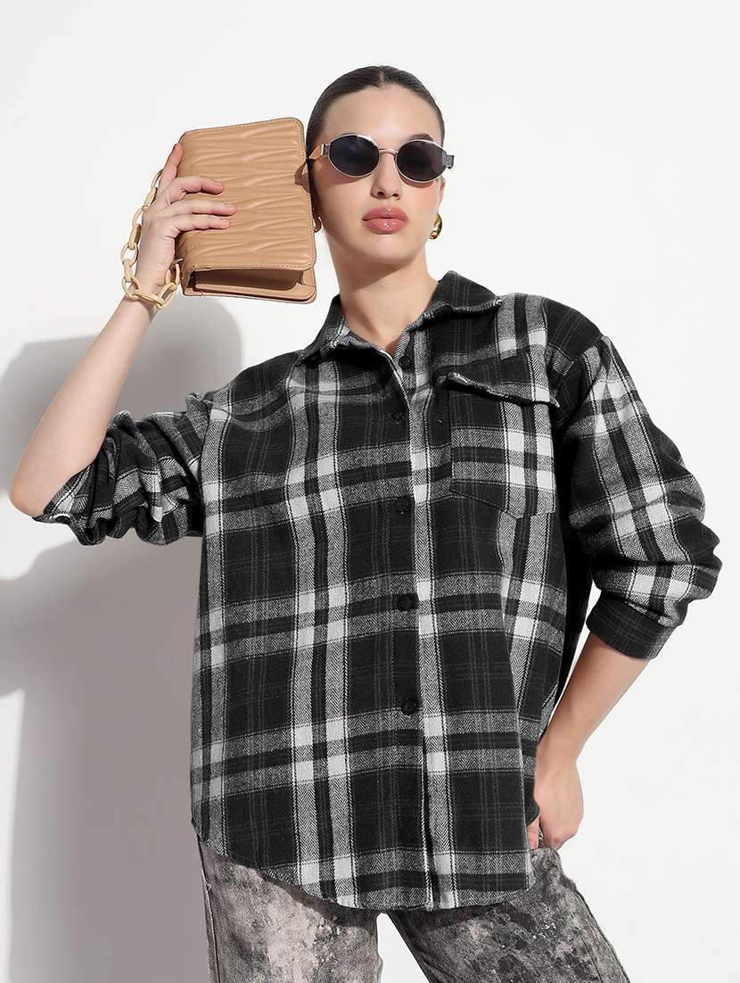 women checkered long sleeve collared oversized shirt