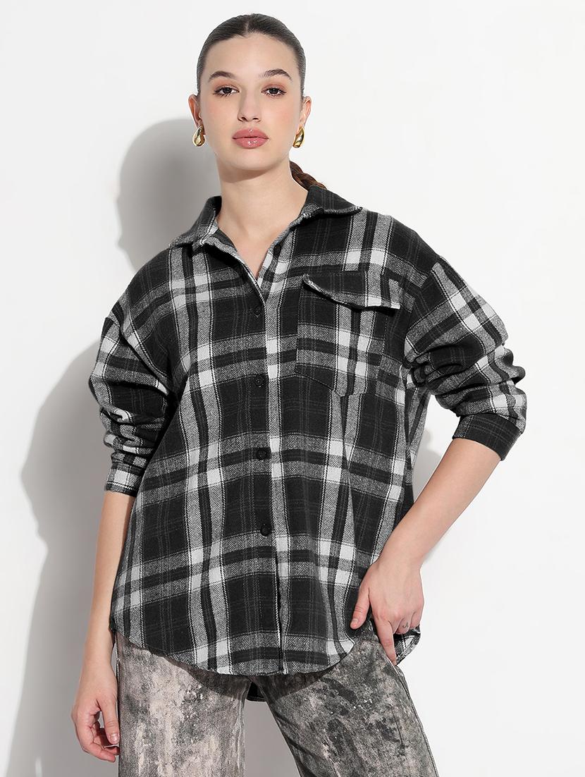 women checkered long sleeve collared oversized shirt - 21979955 - Standard Image - 1