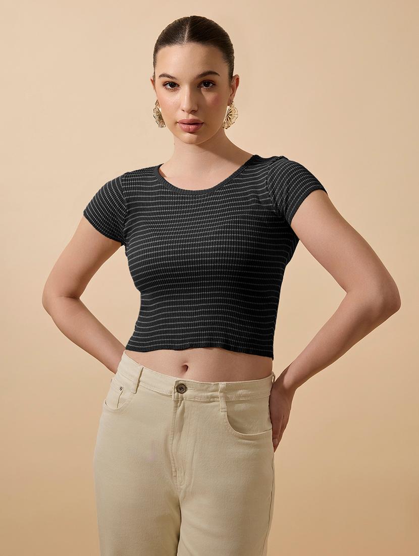 women striped short sleeve crop top - 21979956 - Zoom Image - 0