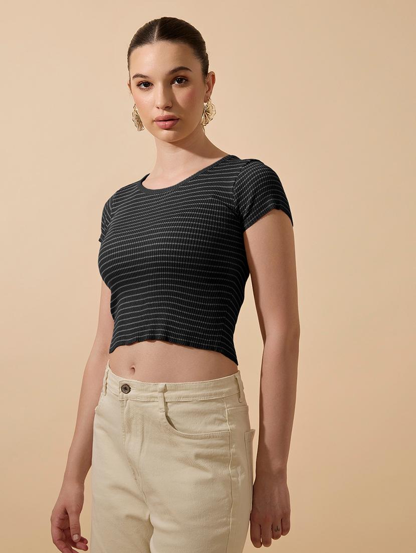 women striped short sleeve crop top - 21979956 - Standard Image - 1