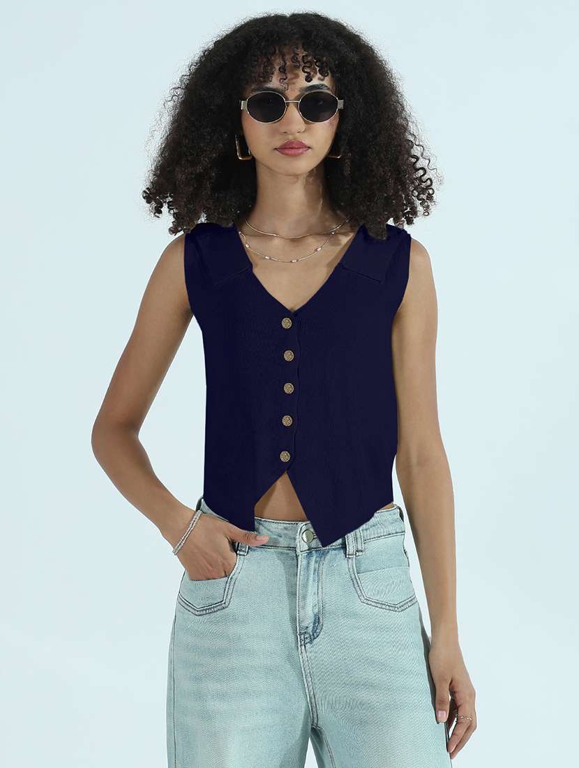 women navy blue solid sleeveless vest top - 21979958 -  Standard Image - 1