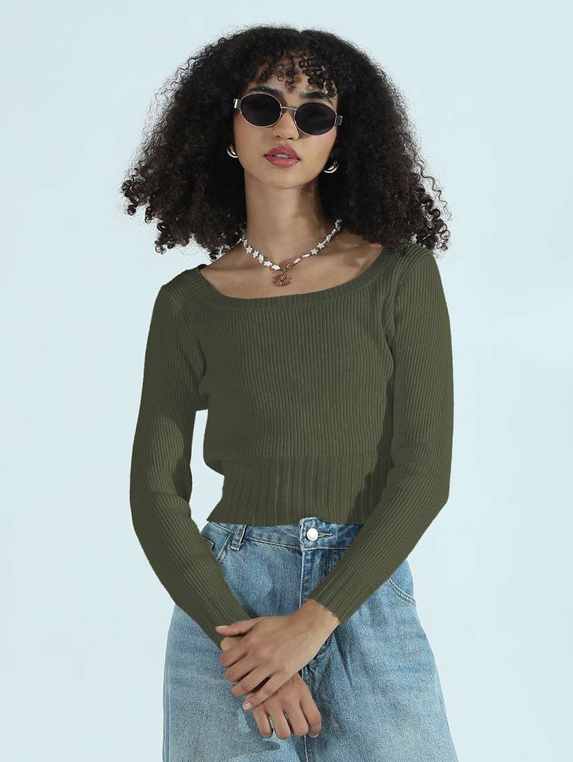 women olive solid long sleeve crop top - 21979962 -  Standard Image - 1