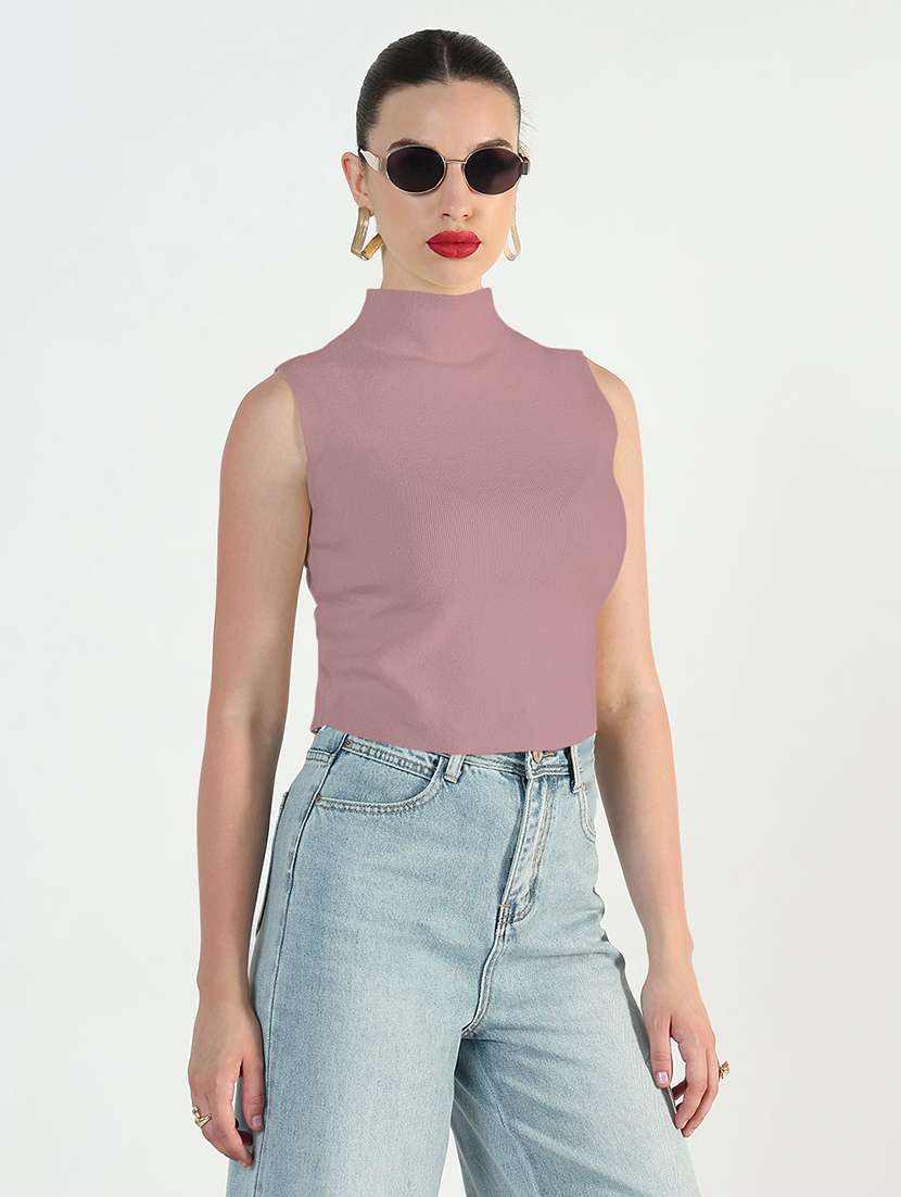 women solid mock neck slewveless crop top - 21979972 -  Standard Image - 1