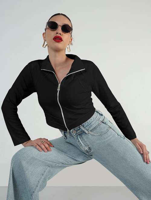 women solid long sleeve zipper croptop - 21979974 -  Standard Image - 0