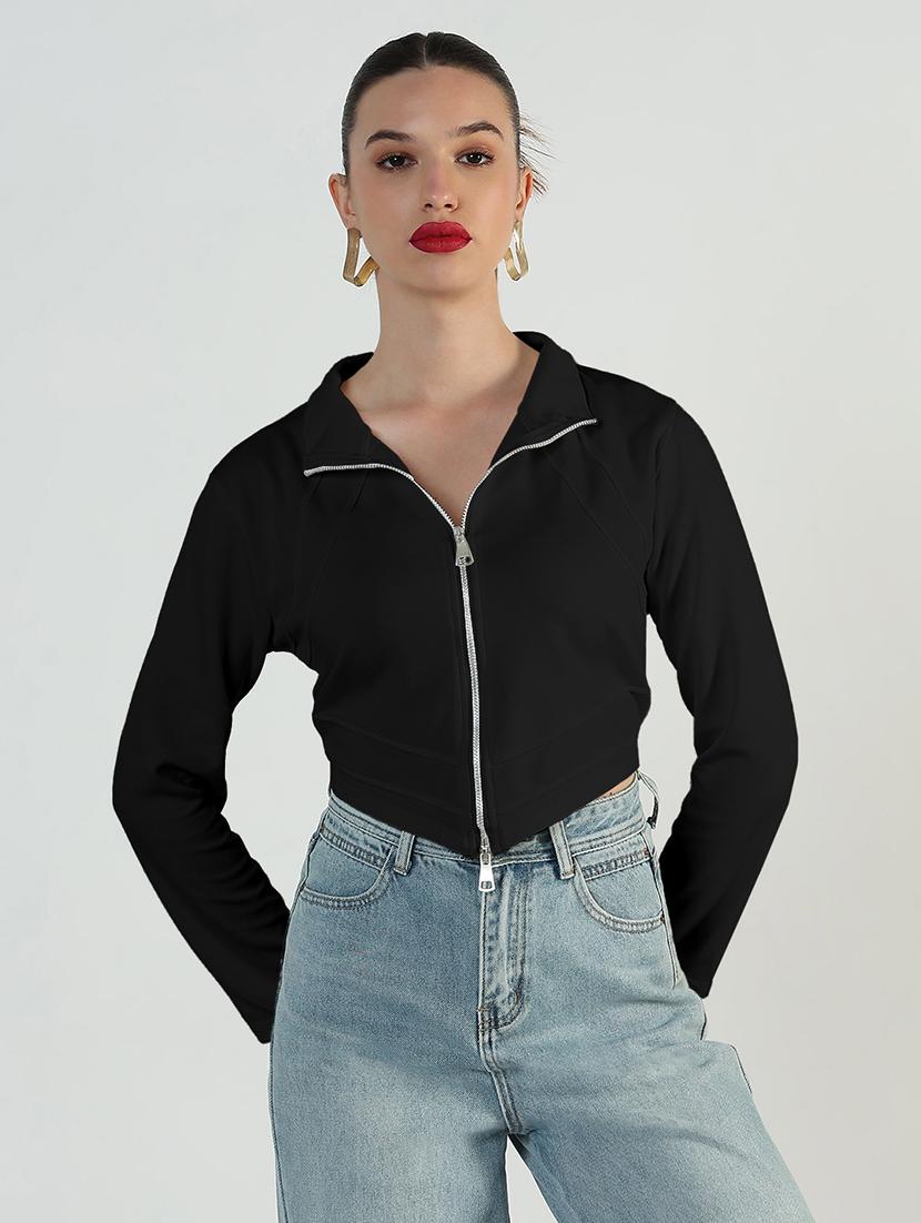 women solid long sleeve zipper croptop - 21979974 -  Standard Image - 1