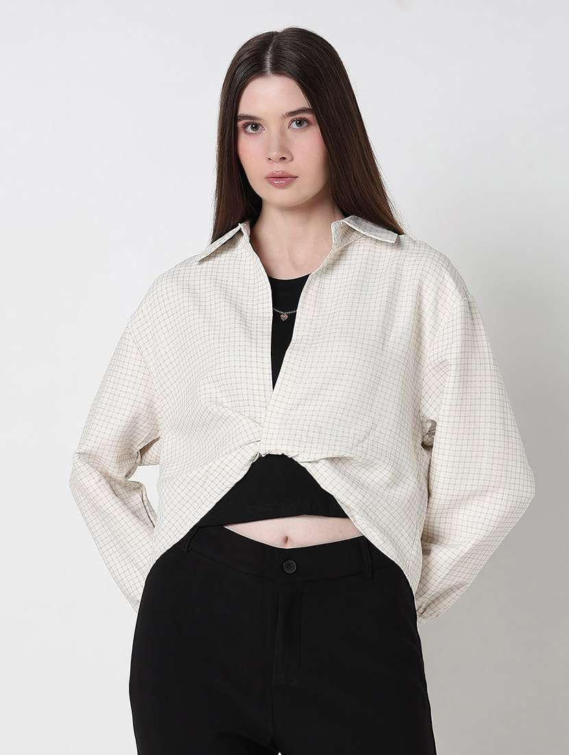 women checkered collared crop top with slip