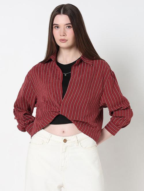 women maroon striped collared crop top with slip - 21979976 - Standard Image - 0