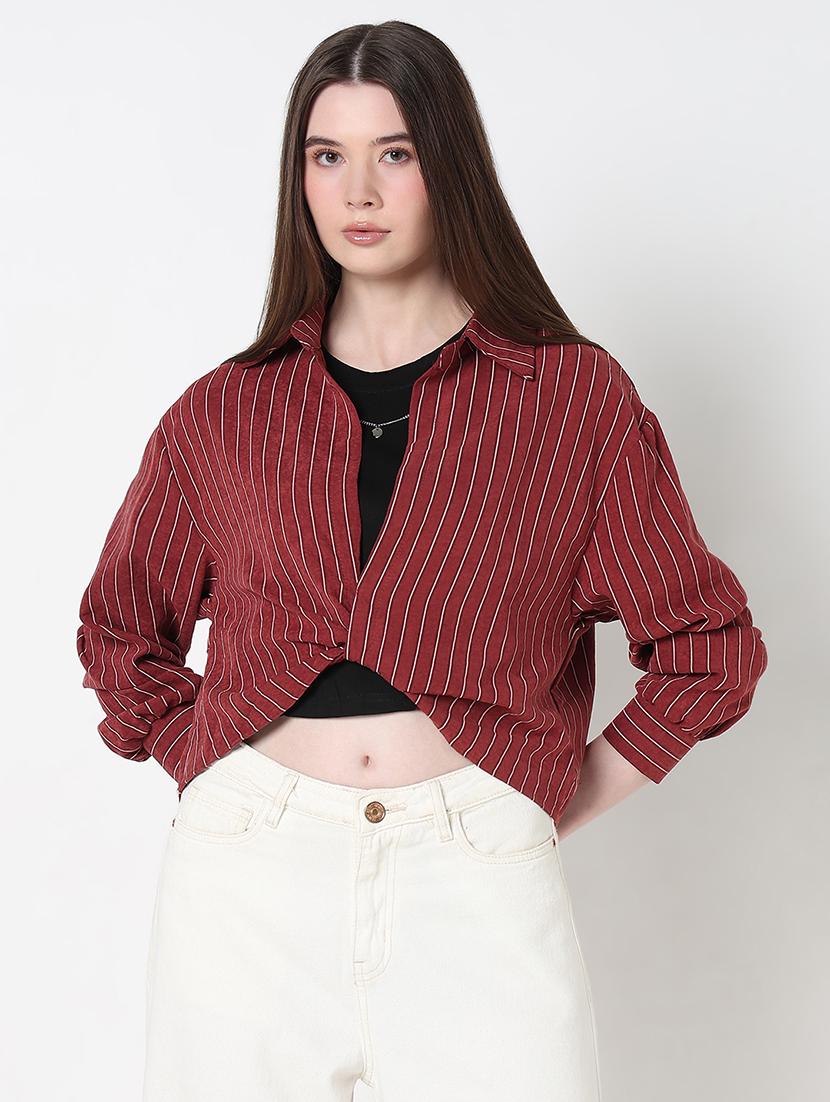women maroon striped collared crop top with slip - 21979976 - Zoom Image - 0