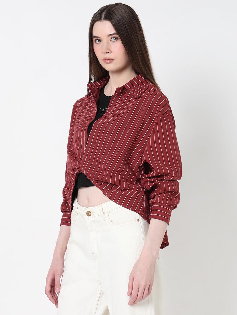 women maroon striped collared crop top with slip - 21979976 - Standard Image - 1