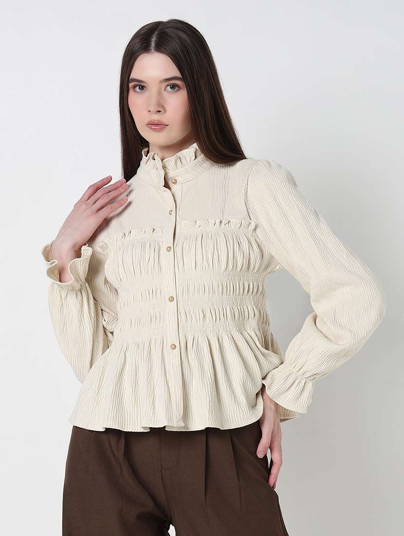 women cream solid puff sleeve a-line top - 21979977 -  Standard Image - 1