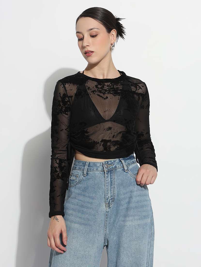 women self designed long sleeve crop sheer top - 21979979 -  Standard Image - 1