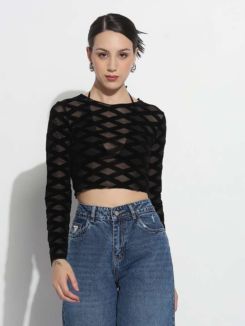 women self designed long sleeve crop sheer top - 21979980 -  Standard Image - 1