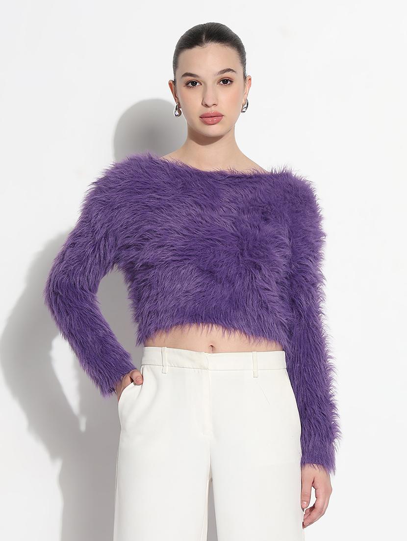 women solid long sleeve crop pullover - 21979984 -  Standard Image - 1