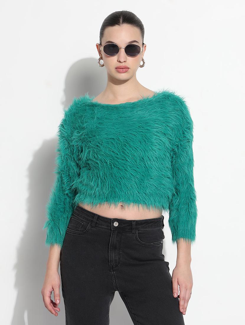 women solid long sleeve crop pullover - 21979985 -  Standard Image - 1