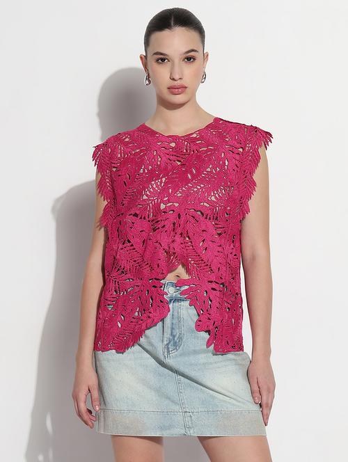 women self designed sleevelelss asymmetric lace top - 21979987 -  Standard Image - 0