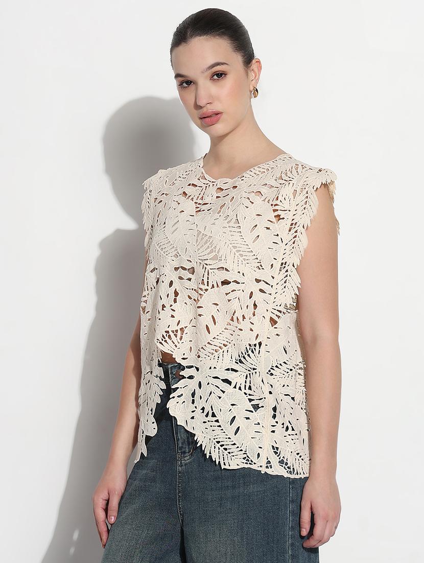 women self designed sleevelelss asymmetric lace top - 21979988 - Standard Image - 1