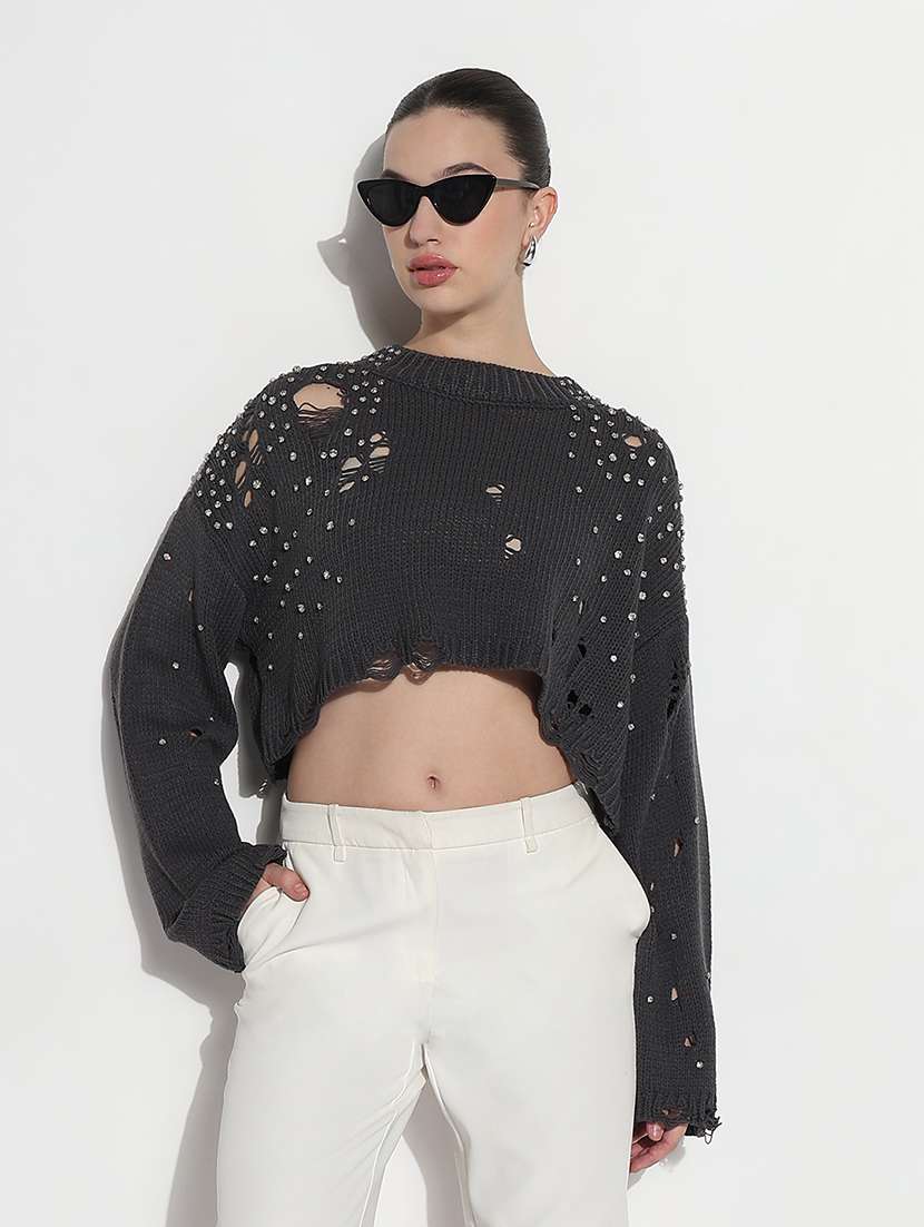 women distressed long sleeve crop pullover