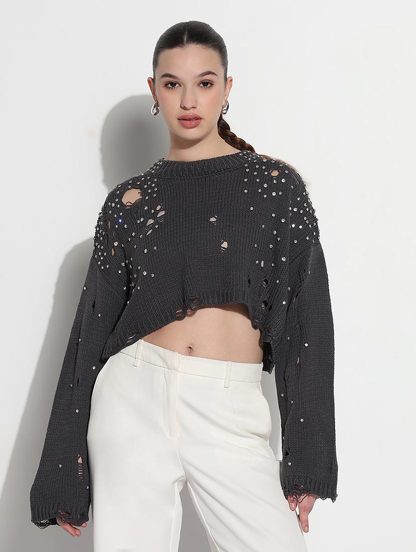 women distressed long sleeve crop pullover - 21979989 - Standard Image - 1