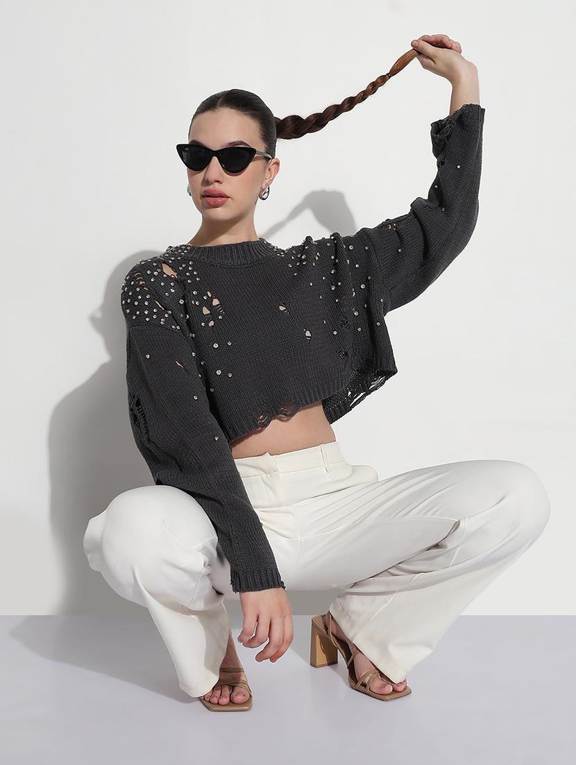 women distressed long sleeve crop pullover - 21979989 - Standard Image - 4