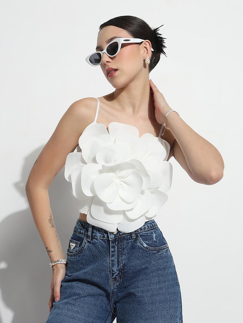 women white solid shoulder strap crop top - 21979993 -  Zoom Image - 0
