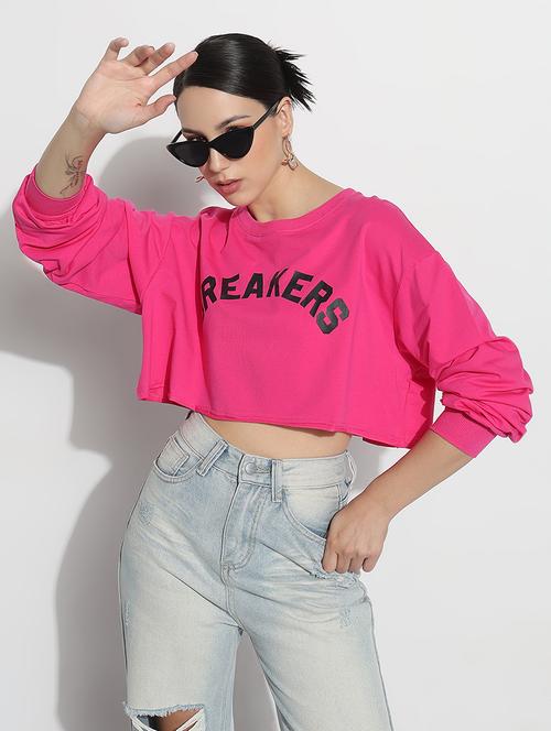 women typographic print long sleeve crop t-shirt - 21979998 - Standard Image - 0