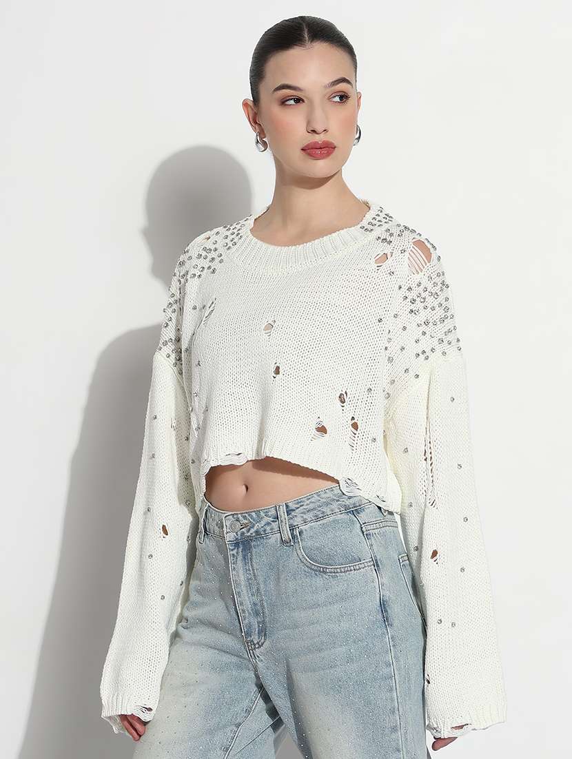 women embellished distressed long sleeve top - 21980011 -  Standard Image - 1