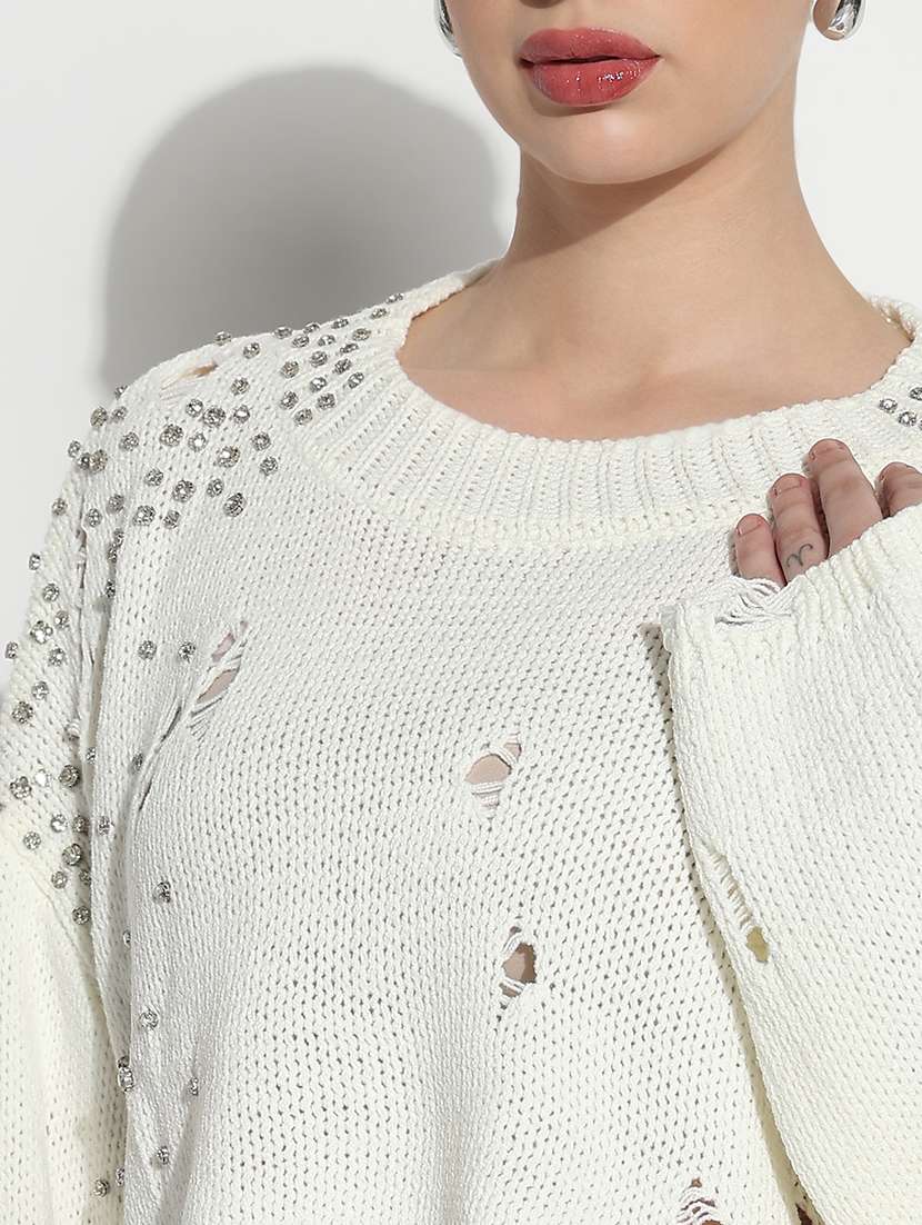 women embellished distressed long sleeve top - 21980011 -  Standard Image - 4