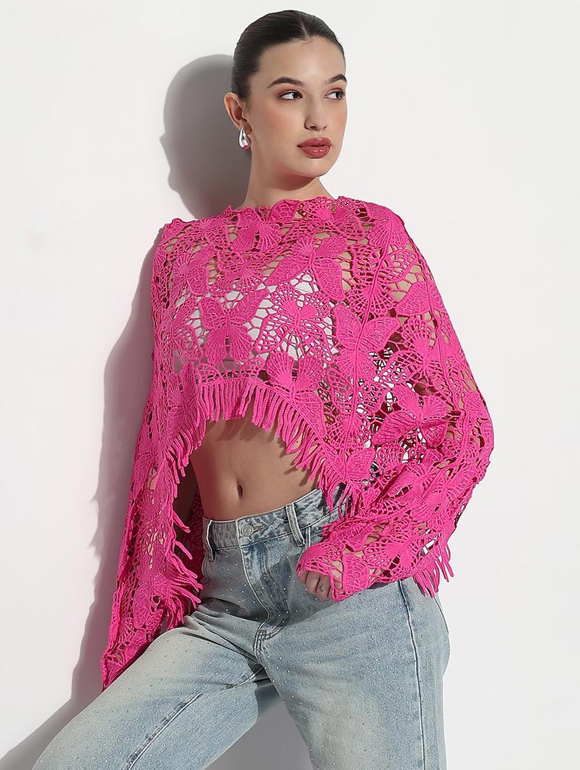 women self designed long sleeve crop lace top - 21980012 - Zoom Image - 0