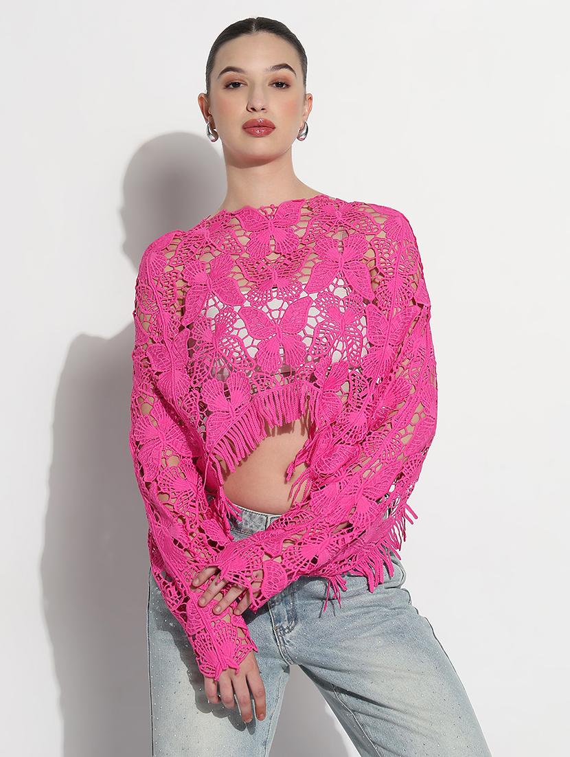 women self designed long sleeve crop lace top - 21980012 - Standard Image - 1