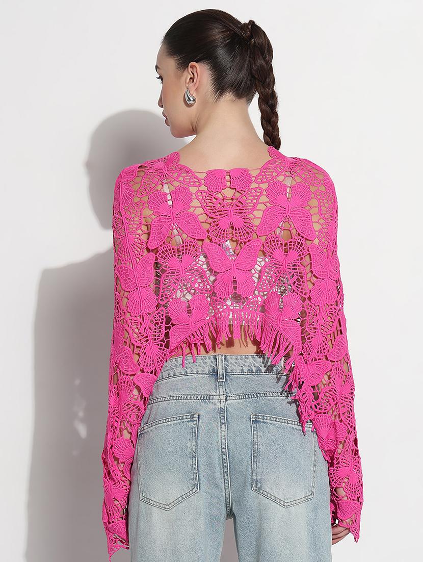 women self designed long sleeve crop lace top - 21980012 - Standard Image - 4