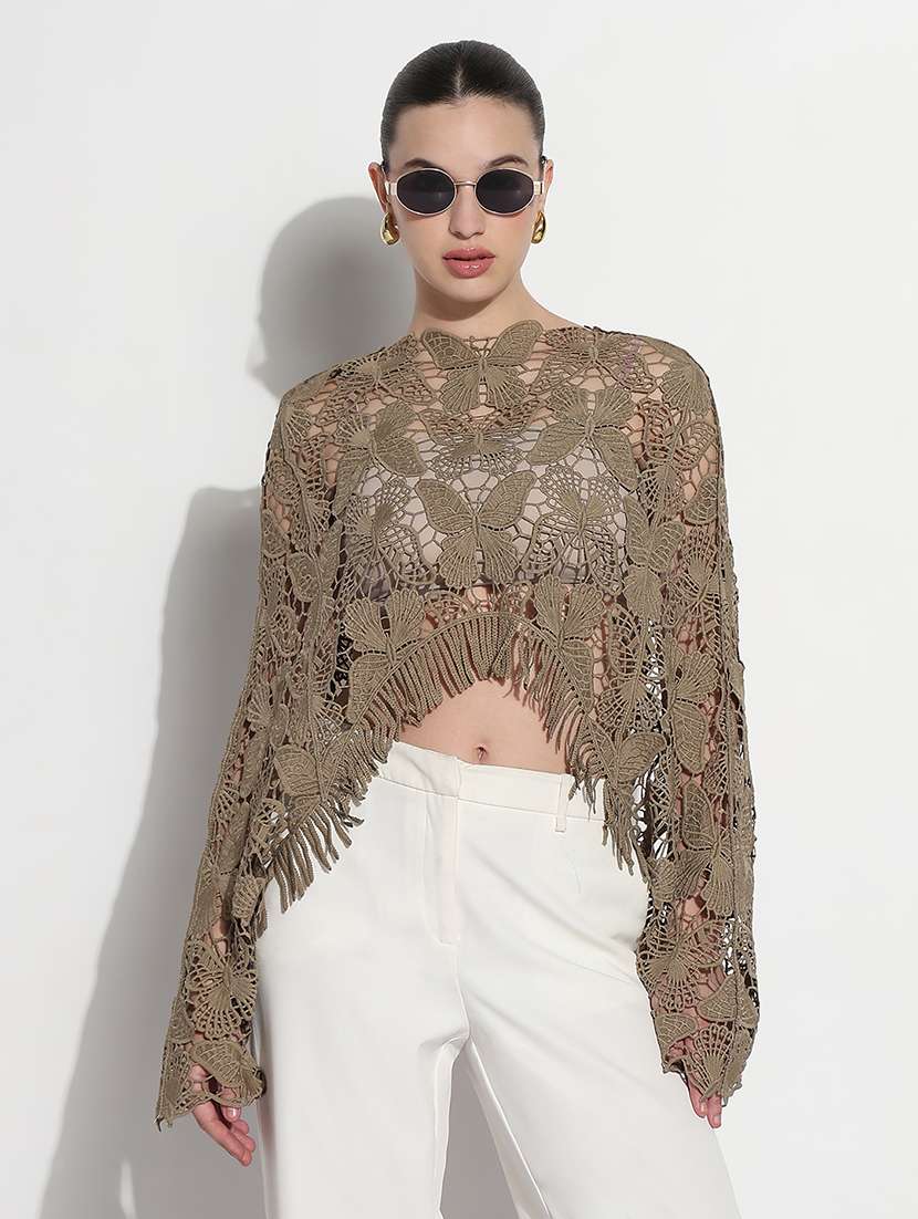 women self designed long sleeve crop lace top - 21980013 -  Standard Image - 1