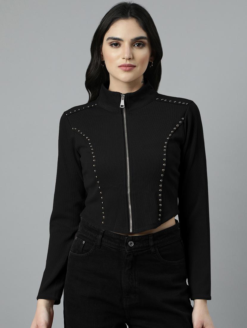 women black solid long sleeve zipper top - 21980015 -  Standard Image - 1