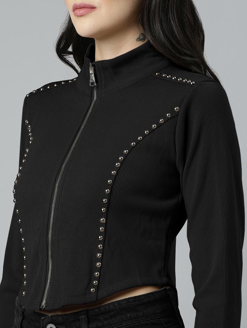 women black solid long sleeve zipper top - 21980015 - Standard Image - 4