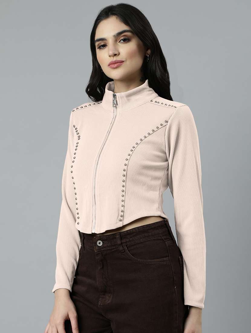 women solid long sleeve zipper crop top - 21980016 -  Standard Image - 1