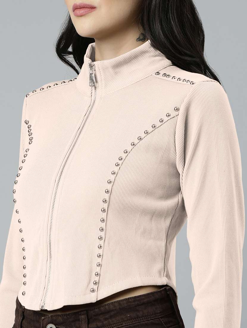 women solid long sleeve zipper crop top - 21980016 -  Standard Image - 4