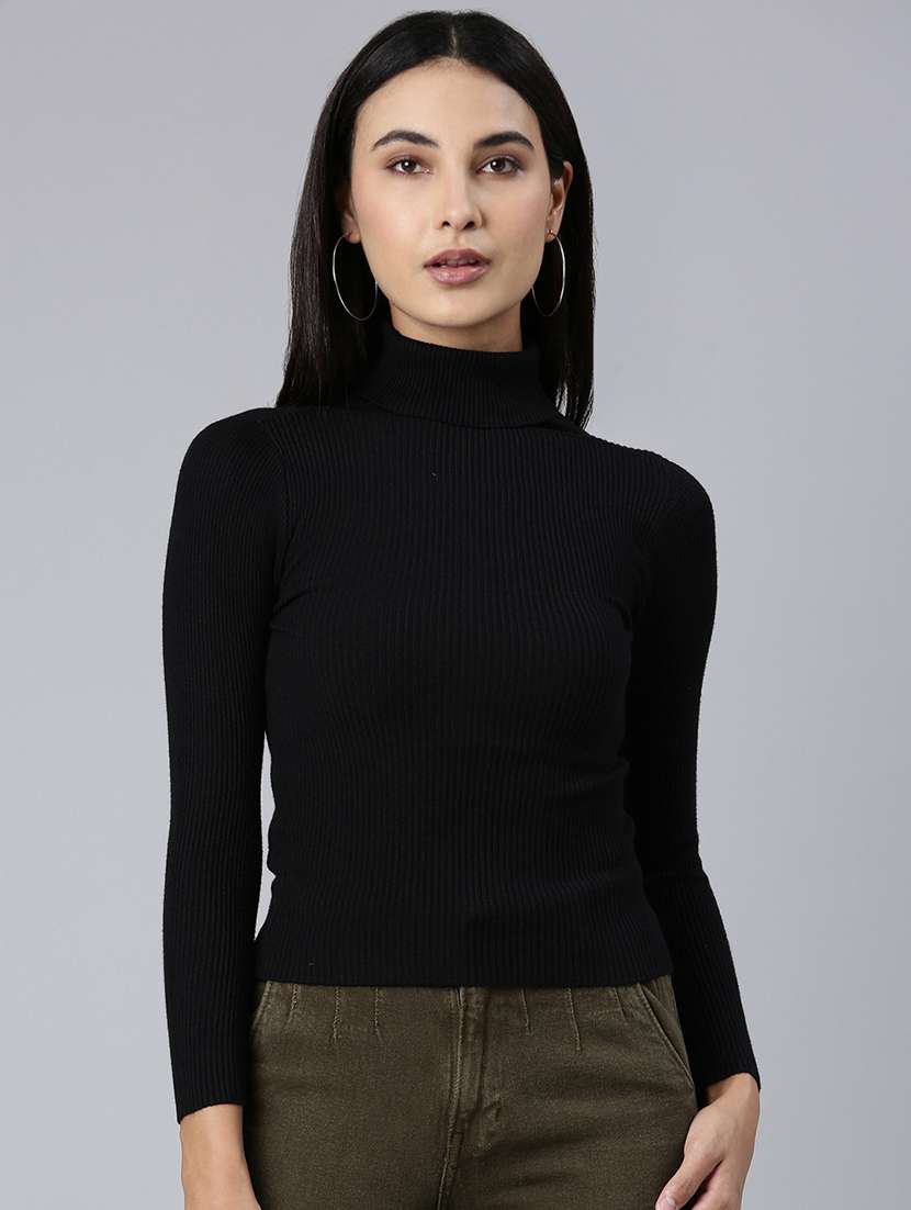 women black solid high neck long sleeve regular top - 21980020 -  Standard Image - 1