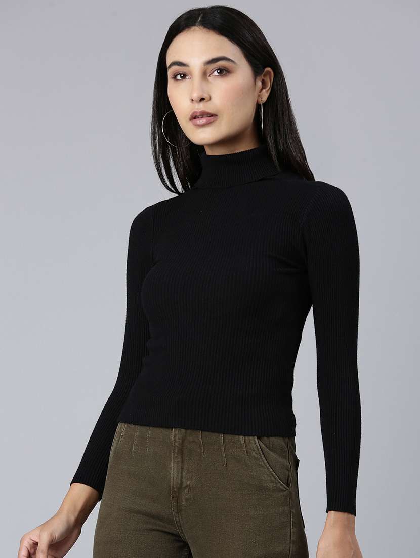 women black solid high neck long sleeve regular top - 21980020 -  Standard Image - 4