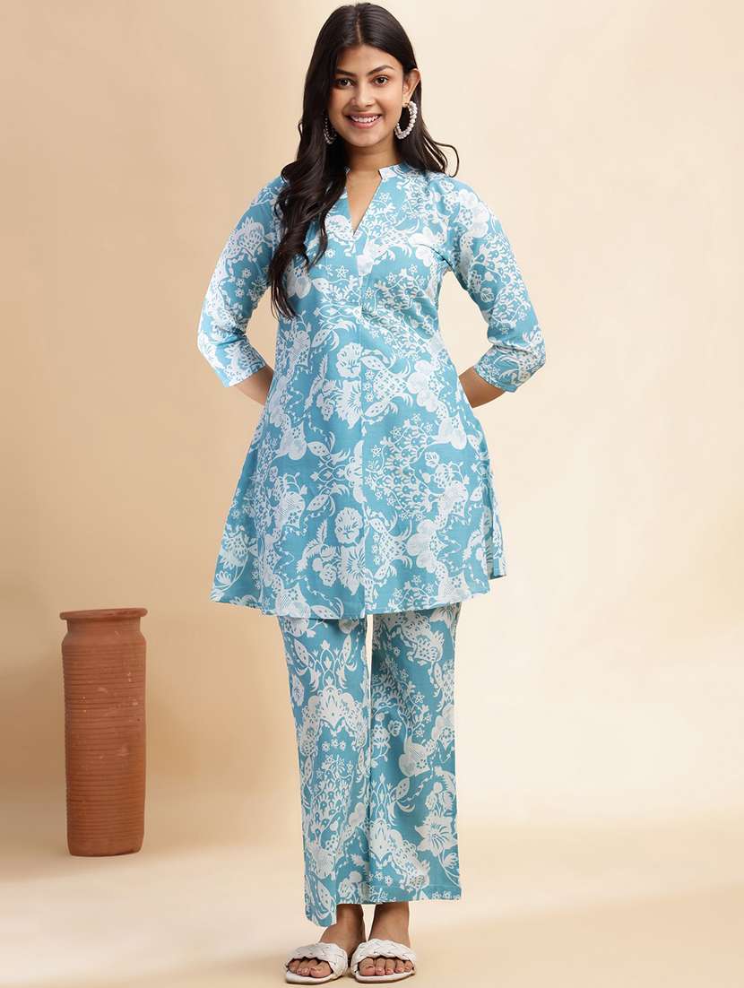 women printed three quarter sleeve ethnic co-ord set
