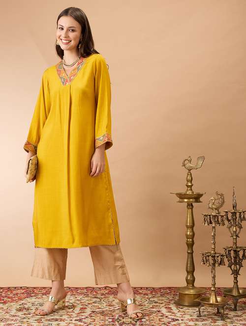 women mustard v-neck bell sleeves gotta patti lace detail a-line festive kurta - 21980076 -  Standard Image - 0