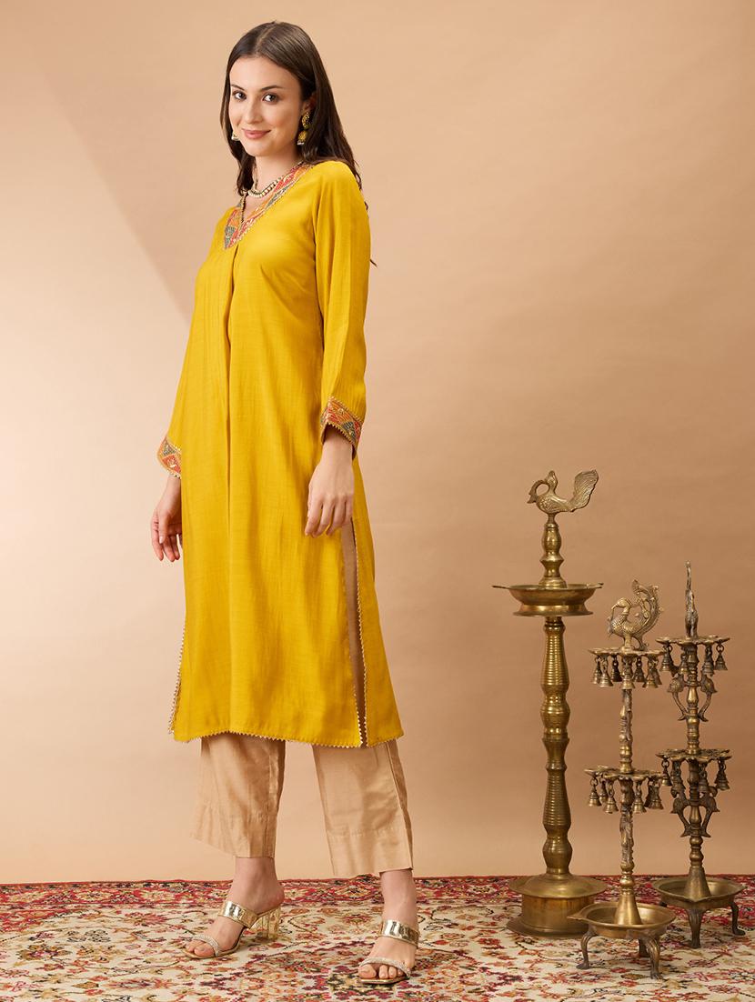women mustard v-neck bell sleeves gotta patti lace detail a-line festive kurta - 21980076 -  Standard Image - 1