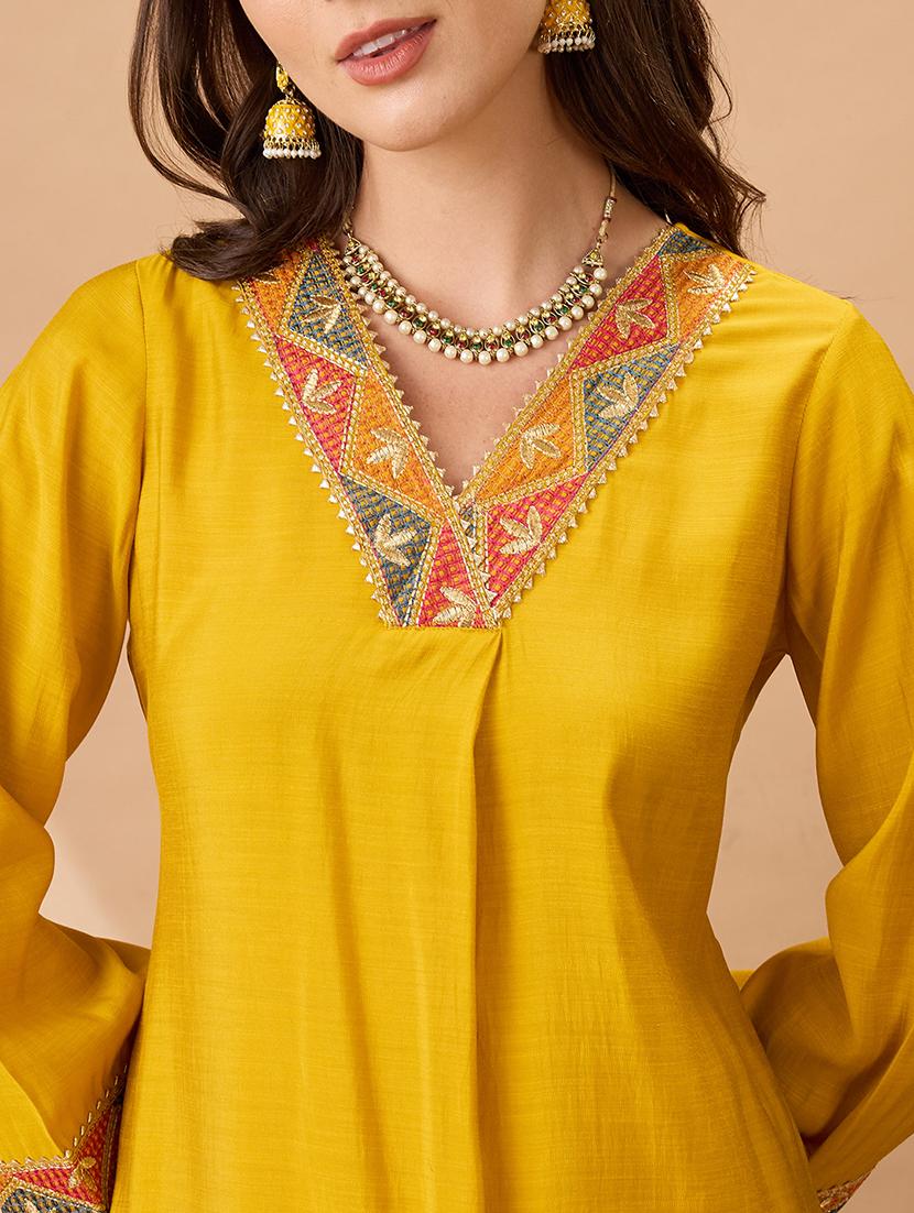 women mustard v-neck bell sleeves gotta patti lace detail a-line festive kurta - 21980076 - Standard Image - 4