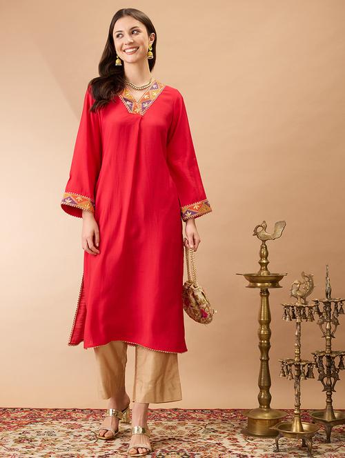 women pink v-neck bell sleeves gotta patti lace detail a-line festive kurta - 21980077 -  Standard Image - 0