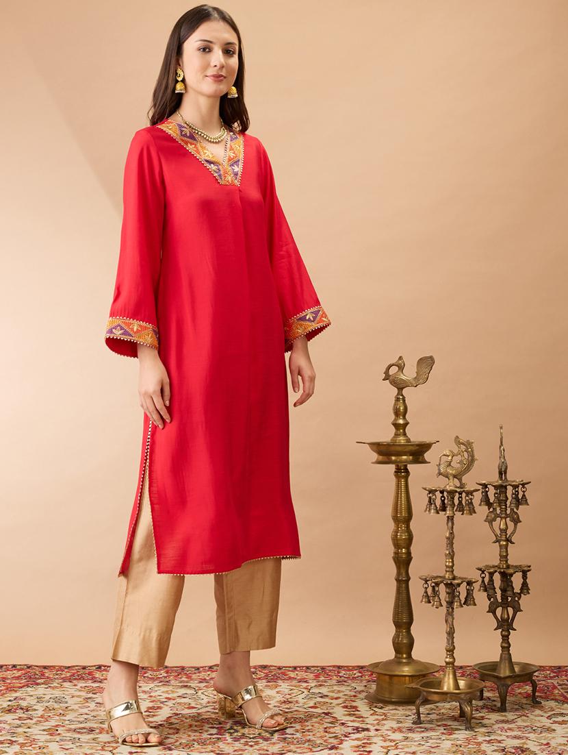 women pink v-neck bell sleeves gotta patti lace detail a-line festive kurta - 21980077 -  Standard Image - 1