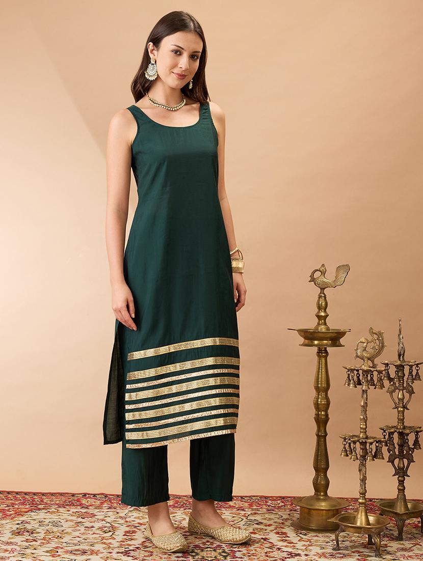 women green sleeveless round neck gotta lace hem straight kurta with pant festive set - 21980132 - Standard Image - 1