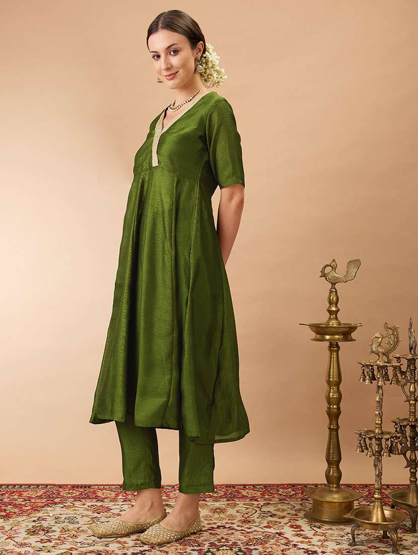women olive green v-neck lace detailing anarkali kurta with straight pant festive set - 21980134 -  Standard Image - 1