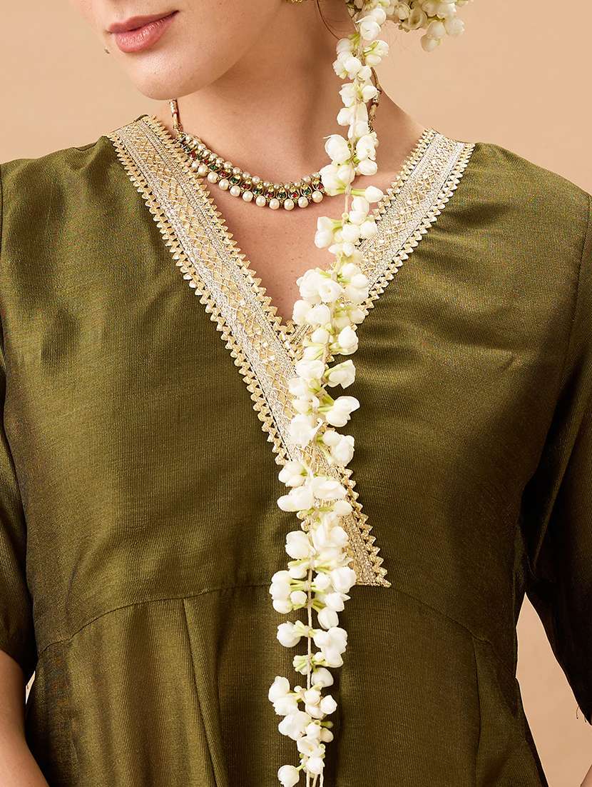 women olive green v-neck lace detailing anarkali kurta with straight pant festive set - 21980134 - Standard Image - 4