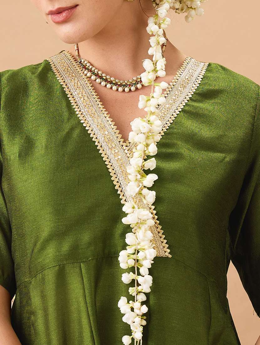 women olive green v-neck lace detailing anarkali kurta with straight pant festive set - 21980134 -  Standard Image - 4