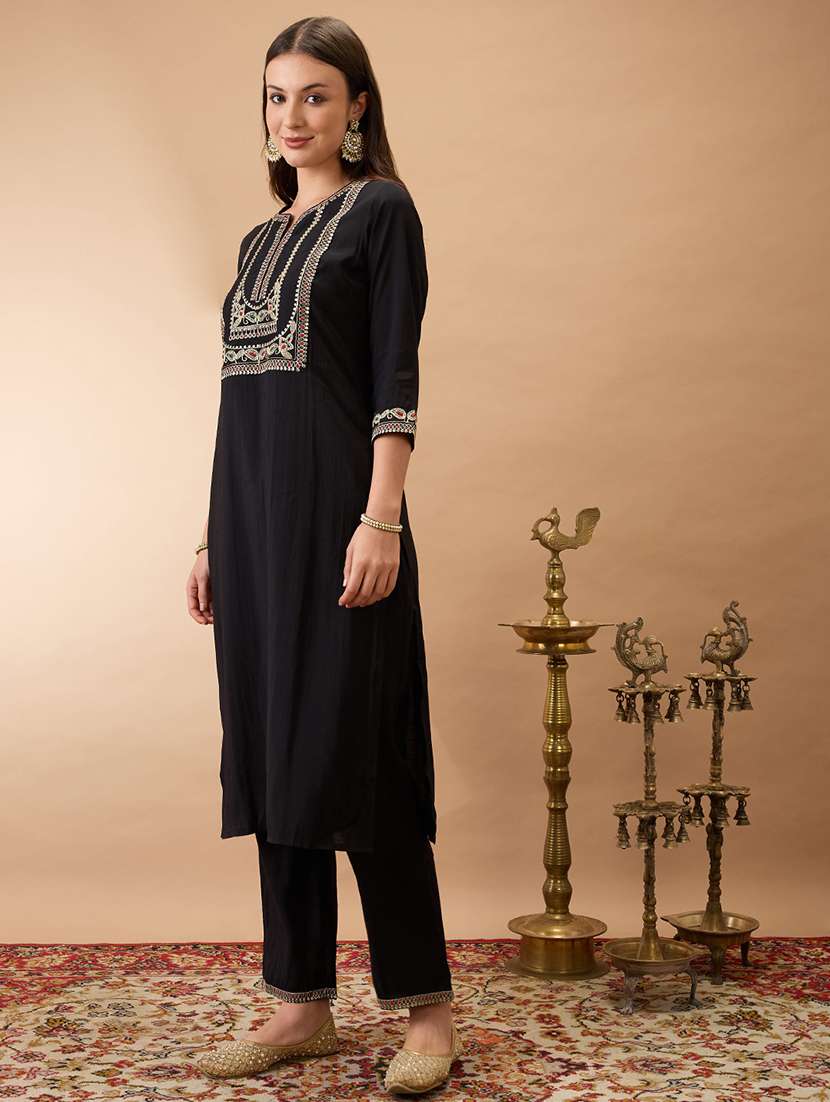 women black round neck zari embroidered yoke straight kurta with pant festive set - 21980135 -  Standard Image - 1