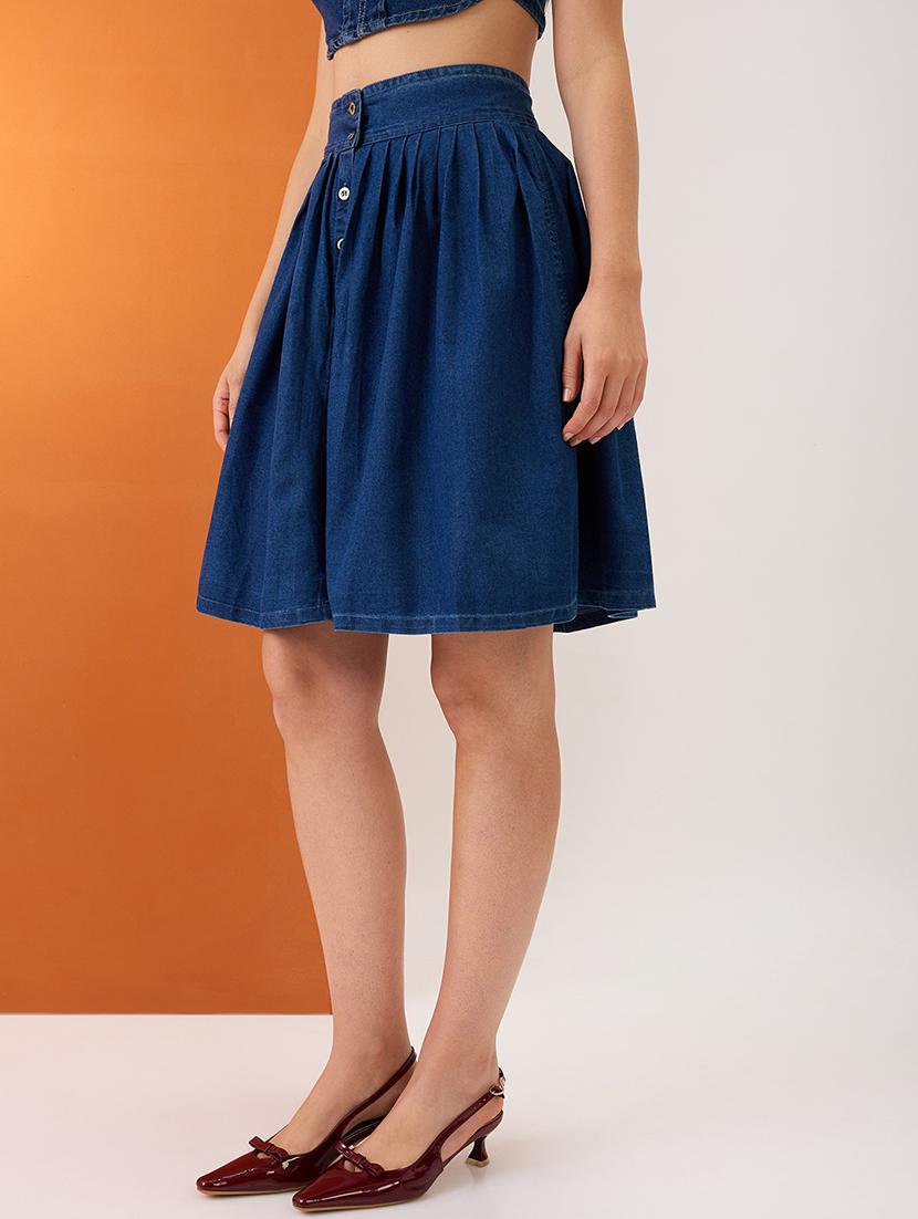 women med blue high-rise pleated button-down above knee flared denim skirt - 21980137 - Standard Image - 1